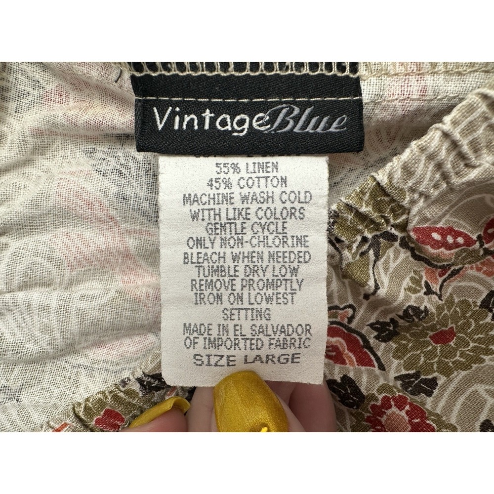 Vintage Blue Women's Linen Blend Pants Size Large Pull On Floral Boho Riviera - Picture 6 of 7